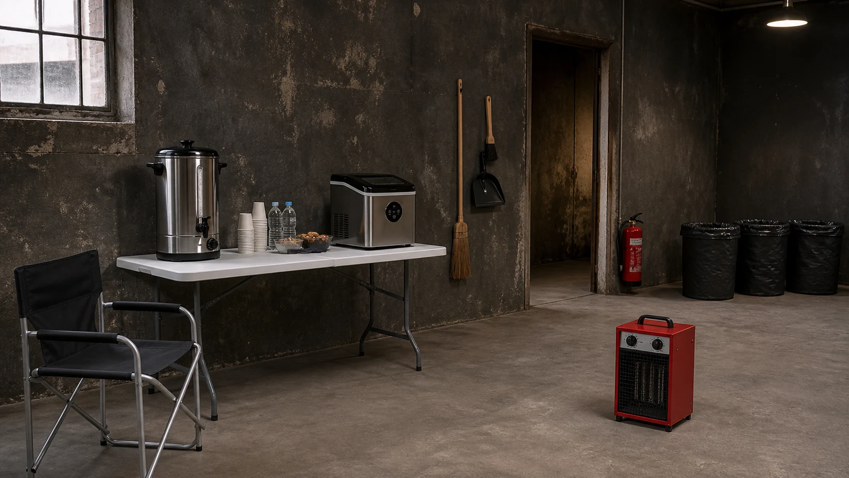 Settisch mit Wasserkocher und Eiswürfelmaschine, Stuhl, Heizlüfter, Abfalleimer, Feuerlöscher und Besen im Innenmotiv